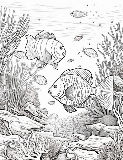 coloring book pages, lots of tropical fishes are wandering at the coral reef ,cartoon styles, thick lines, low detail with white background, no shading with black and white, --ar 85:110