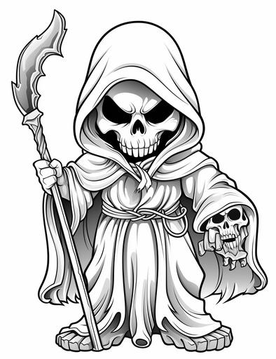 coloring page for kids, A grim reaper with a scythe and a hooded cloak, cartoon style, thick line, low detailm no shading --ar 85:110