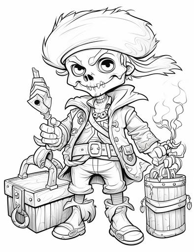 coloring page for kids, A skeleton pirate with a hook and a sword and a treasure chest, cartoon style, thick line, low detailm no shading --ar 85:110