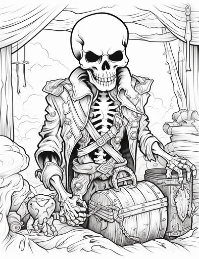 coloring page for kids, A skeleton pirate with a hook and a sword and a treasure chest, cartoon style, thick line, low detailm no shading --ar 85:110