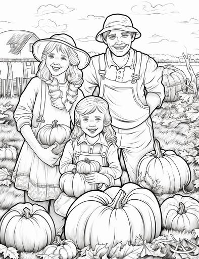 coloring pages for adults, A group of children helping their grandparents harvest pumpkins from a field, with some of them carving faces on the pumpkins or making pumpkin pies, cartoon styles, thick lines, low detail with black and white, no shading, --ar 85:110