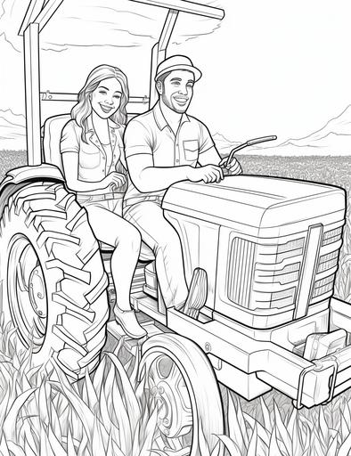 coloring pages for adults, A young couple riding a tractor through a cornfield, with ears of corn flying out of the harvester and crows flying away in the background, cartoon styles, thick lines, low detail with black and white, no shading, --ar 85:110