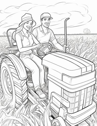 coloring pages for adults, A young couple riding a tractor through a cornfield, with ears of corn flying out of the harvester and crows flying away in the background, cartoon styles, thick lines, low detail with black and white, no shading, --ar 85:110