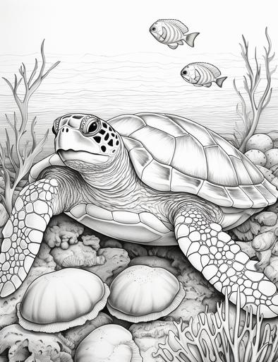 coloring pages with A large turtle that is having a picnic with a crab, a starfish, and a seahorse, sharing seaweed sandwiches and coral cakes, low detail black and white with no shading --ar 85:110