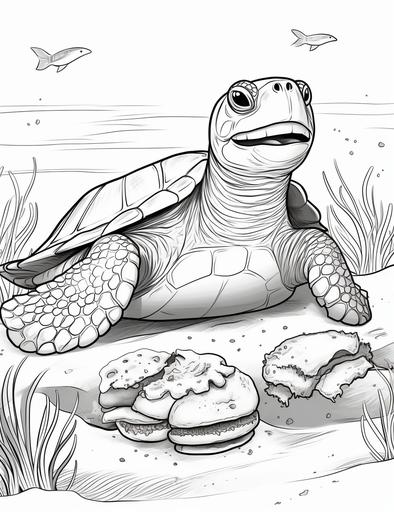 coloring pages with A large turtle that is having a picnic with a crab, a starfish, and a seahorse, sharing seaweed sandwiches and coral cakes, low detail black and white with no shading --ar 85:110