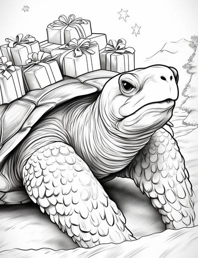 coloring pages with A large turtle that is wearing a Santa hat and beard, delivering presents to all the good sea animals in its sleigh pulled by seahorses , low detail black and white with no shading --ar 85:110