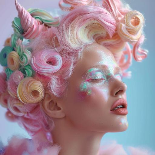 woman beautiful candy skin rainbow whipped frosting cotton candy hairstyle