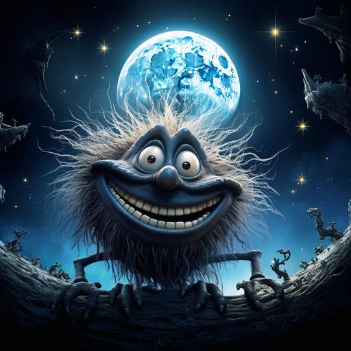 A crescent moon. The moon has a happy and colorful troll face with a smile. The moon has spider legs. The moon is in a cave. Whimsical image in the style of the trolls movie.