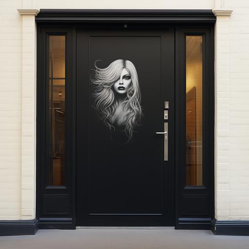 a black door with a white hair salon icon on it, photorealistic