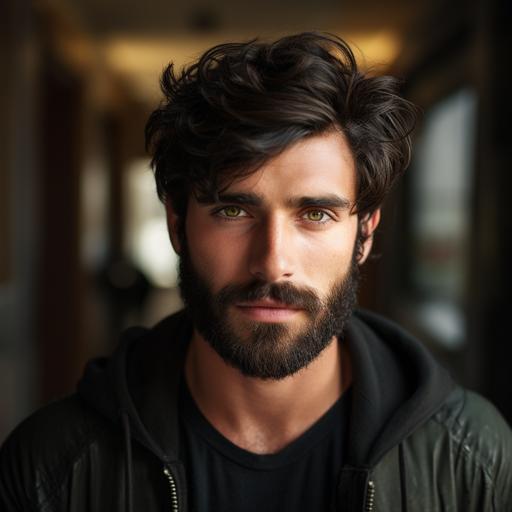 young italian brunette with green eyes with beard and short black hair
