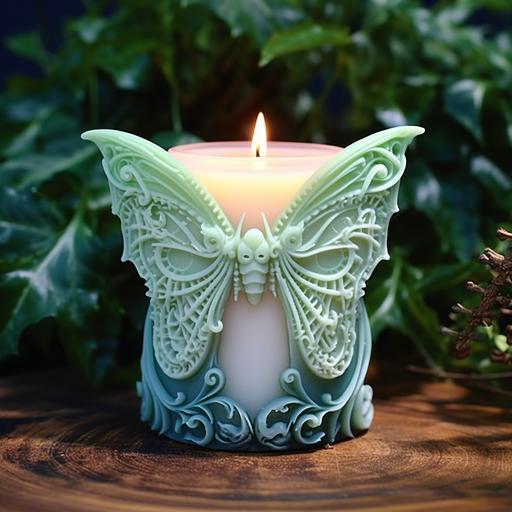 3D printing candle container with raw gem,chalk color luna moth,otherworldly,fliud shape