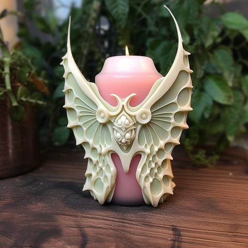 3D printing candle container with raw gem,chalk color luna moth,otherworldly,fliud shape
