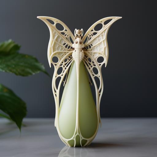 3D printing vase with raw gem,chalk color luna moth,otherworldly,fliud shape
