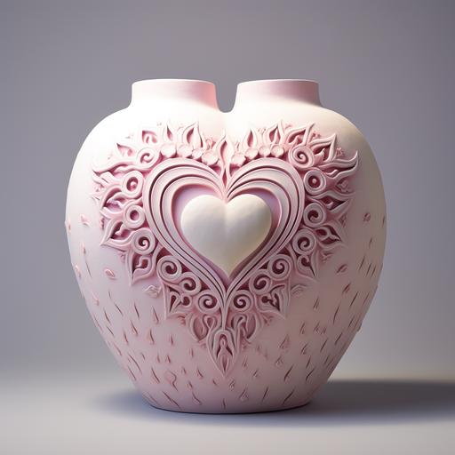 otherworldly,mystic,heart and sun symbol,pastel pink and light grey color,embossing,ceramic,vase