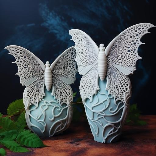 pair of mystical,otherworldly,buddihsm, handdraw,luna moth,3D printing,vase