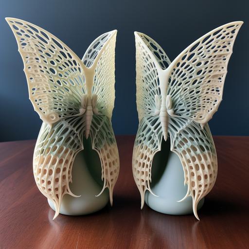 pair of mystical,otherworldly,buddihsm, handdraw,luna moth,3D printing,vase