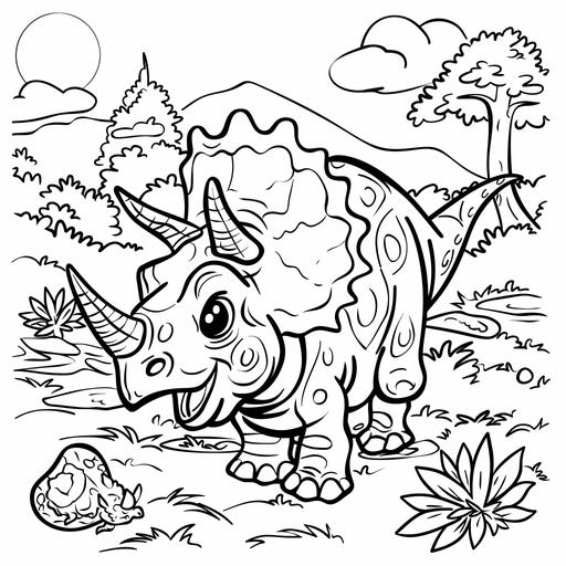 a cartoon of a triceratops kids coloring page, friendly, black and white, mono chrome, simple --s 50 --v 6.0