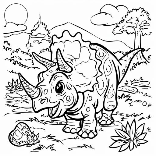 a cartoon of a triceratops kids coloring page, friendly, black and white, mono chrome, simple --s 50