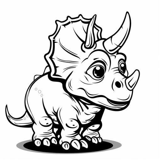 a cartoon of a triceratops kids coloring page, friendly, black and white, mono chrome, simple --s 50 --v 6.0