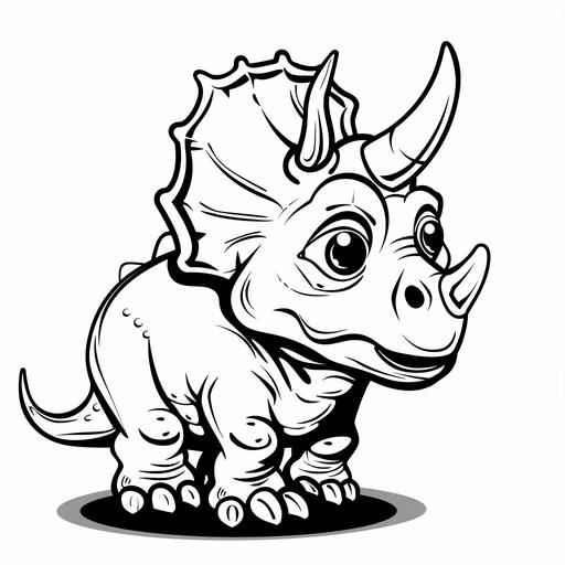 a cartoon of a triceratops kids coloring page, friendly, black and white, mono chrome, simple --s 50