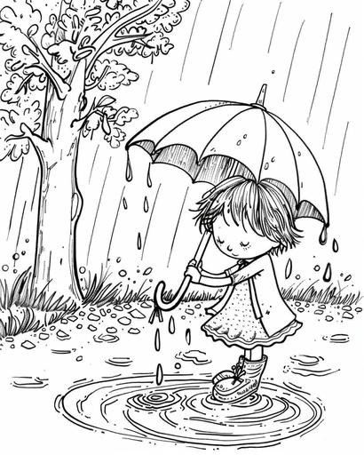 coloring book page, storybook character, whimsical, little girl, holding an umbrella, on a wet day, surrounded by puddles, black and white, outline, monochrome --ar 4:5 --s 50 --style raw