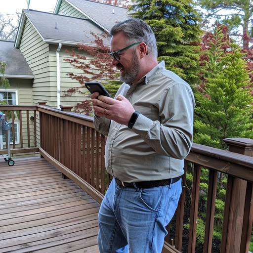 dad walking around on a deck talking on a black phone with a meme above it that says more talking but next time do it of the phone --s 50