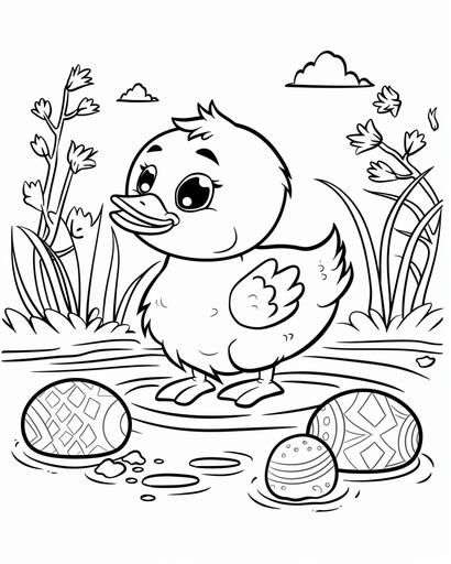 kawaii style, cartoon, coloring book page for kids, happy duck, in a pond, with easter eggs, monochrome, black and white, simple, --ar 4:5 --s 50