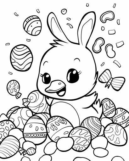 kawaii style, cartoon, coloring book page for kids, happy duck, with a variety of easter candy, jelly beans, chocolate bunny, chocolate eggs, monochrome, black and white, simple, --ar 4:5 --s 50 --v 6.0