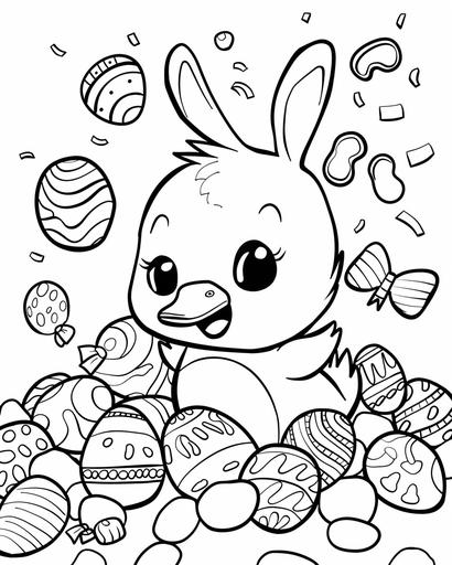 kawaii style, cartoon, coloring book page for kids, happy duck, with a variety of easter candy, jelly beans, chocolate bunny, chocolate eggs, monochrome, black and white, simple, --ar 4:5 --s 50