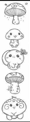 kawaii style, simple cartoon, coloring book for a child, one toadstool, with easter decorations, character sheet, different angles, monochrome, black and white, simple, --ar 1:4 --s 50