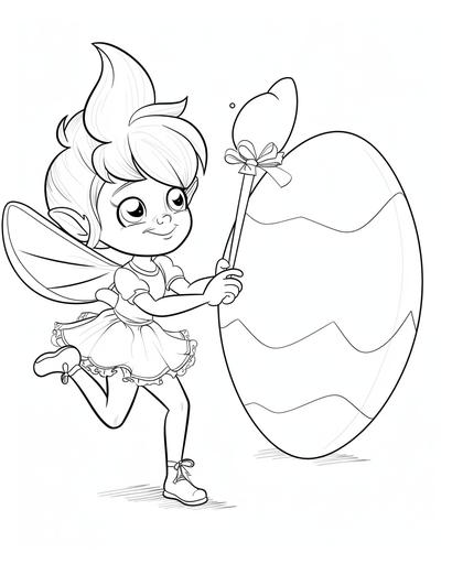 kawaii style, simple cartoon, coloring book for a child, one fairy, touching a large easter egg, wiith its wand, character sheet, different angles, monochrome, black and white, simple, --ar 4:5 --s 50