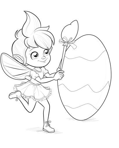 kawaii style, simple cartoon, coloring book for a child, one fairy, touching a large easter egg, wiith its wand, character sheet, different angles, monochrome, black and white, simple, --ar 4:5 --s 50 --v 6.0