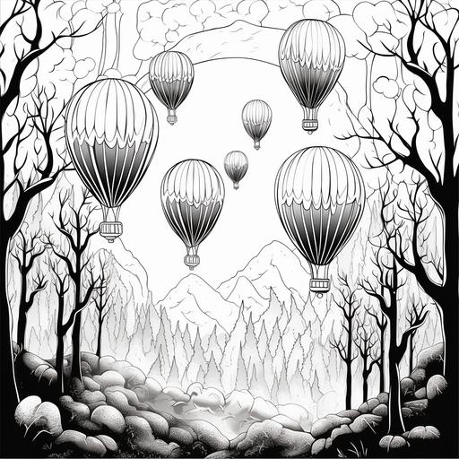 adult coloring book page black and white hot air balloons that are jackolanterns lights strung in forest halloween vibes vintage spooky
