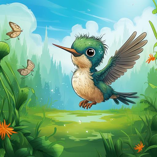 children's book cartoon style image, baby hummingbird animal with blue and green coloring, flying through a lush meadow