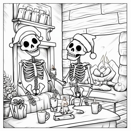 coloring book page for kids, cartoon style, skeletons drinking hot cocoa around a fireplace, christmas tree and christmas lights in background, festive, joyful, holiday fun, thin lines, no shading, ar 9:11--v5