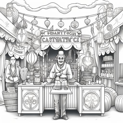 coloring book page no shading black and white whimsical halloween carnival mysterious man working at a mysterious booth there are lanterns and carnival vibes the sign on his booth says curiosity