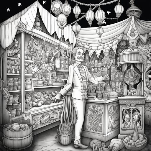 coloring book page no shading black and white whimsical halloween carnival mysterious man working at a mysterious booth there are lanterns and carnival vibes the sign on his booth says curiosity