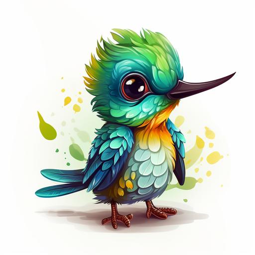 kids book cartoon style baby hummingbird with bright blue and green plumage, thick lines, lots of detail in the face