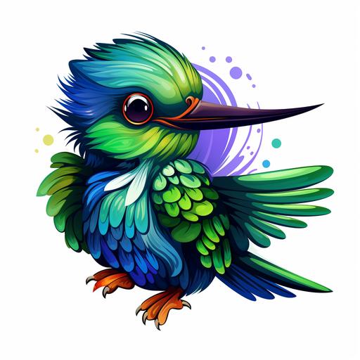 kids book cartoon style baby hummingbird with bright blue and green plumage, thick lines, lots of detail in the face