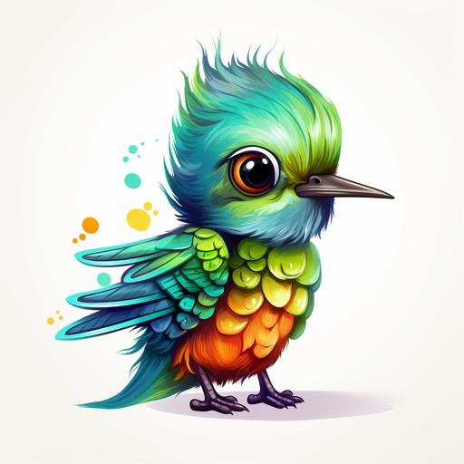 kids book cartoon style baby hummingbird with bright blue and green plumage, thick lines, lots of detail in the face