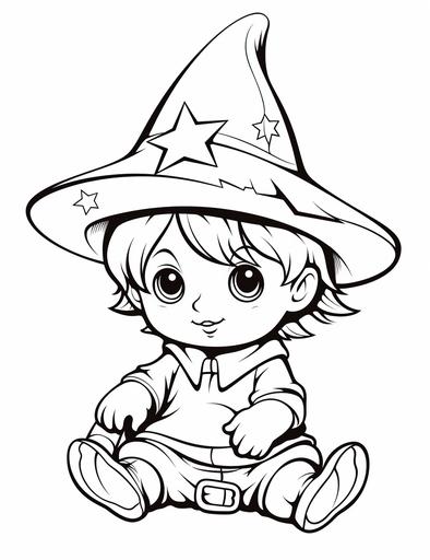 coloring pages for kids baby with witch hat, cartoon style, thick lines, low detail, black and white, no shading, --ar 85:110