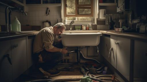 plumber, a plumber fixing a complex network of pipes under a kitchen sink, tools spread around on the floor, intense focus on the task at hand, Photography, DSLR camera with a 50mm lens, f/1.8 aperture for shallow depth of field, --ar 16:9 --v 5.0