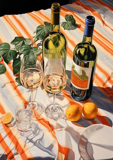 still life of wine bottle and glasses of white wine and tumblers of aperol spritz, oranges with leaves, on a check table cloth, realistic, viewed from above --aspect 100:141