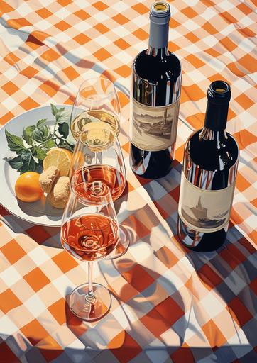 still life of wine bottle and glasses of wine and glasses of aperol spritz, on a check table cloth, realistic, viewed from above --aspect 100:141
