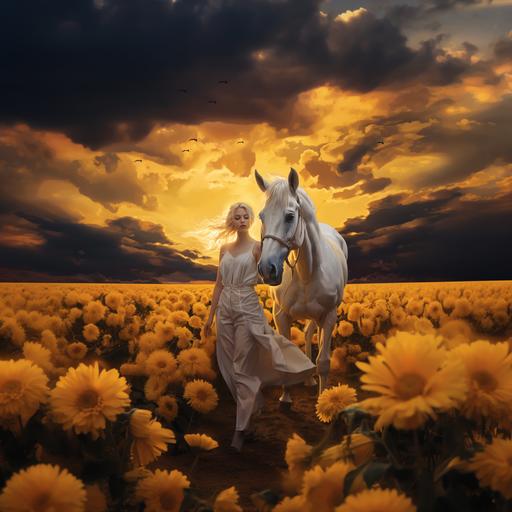 A black horse standing on yellow grass and sunflowers field with a 20 years old white girl with golden short hair and white dress standing with him, astral sunset and the moon in the background, hyper realistic