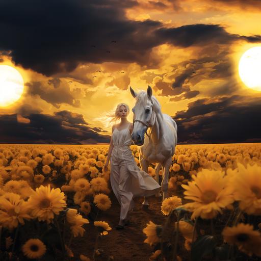 A black horse standing on yellow grass and sunflowers field with a 20 years old white girl with golden short hair and white dress standing with him, astral sunset and the moon in the background, hyper realistic