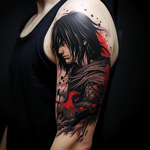 Itachi uchiha with ravens tattoo sleeve design, strong lines, black and gray with red brush strokes