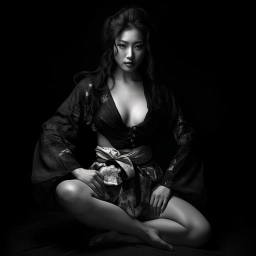 beautiful Japanese woman showing legs, belly and chest in a dramatic pose, black and white, high contrast, lee Jeffries style, Caravaggio style, da Vinci style, gustave doré style