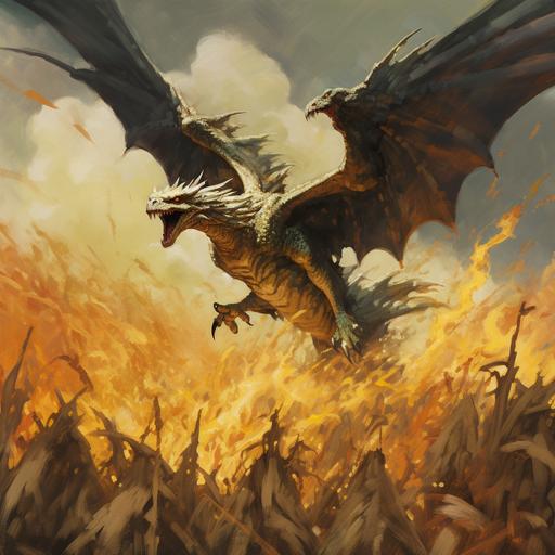 corn dragon flying in the corn fields, wings opened and trowing flames over corn field, artistic style, art by Frank Frazetta