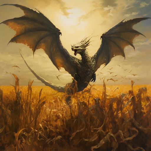 corn dragon flying in the corn fields, wings opened and trowing flames over corn field, artistic style, art by Frank Frazetta